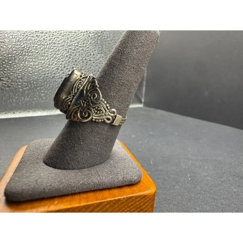 Vtg 925 Sterling Silver Blue Topaz Glass Cocktail Ring Ornate Filigree Size 10